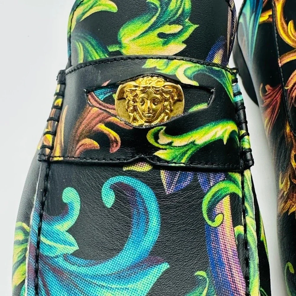 Versace Car Shoe Vitello St Barocco Loafers Black Multicolor Medusa Mens 8 IT 40